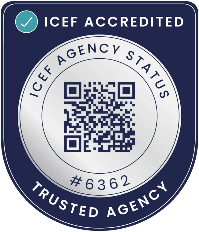 ICEF Accredited Agency badge, agency status number 6362